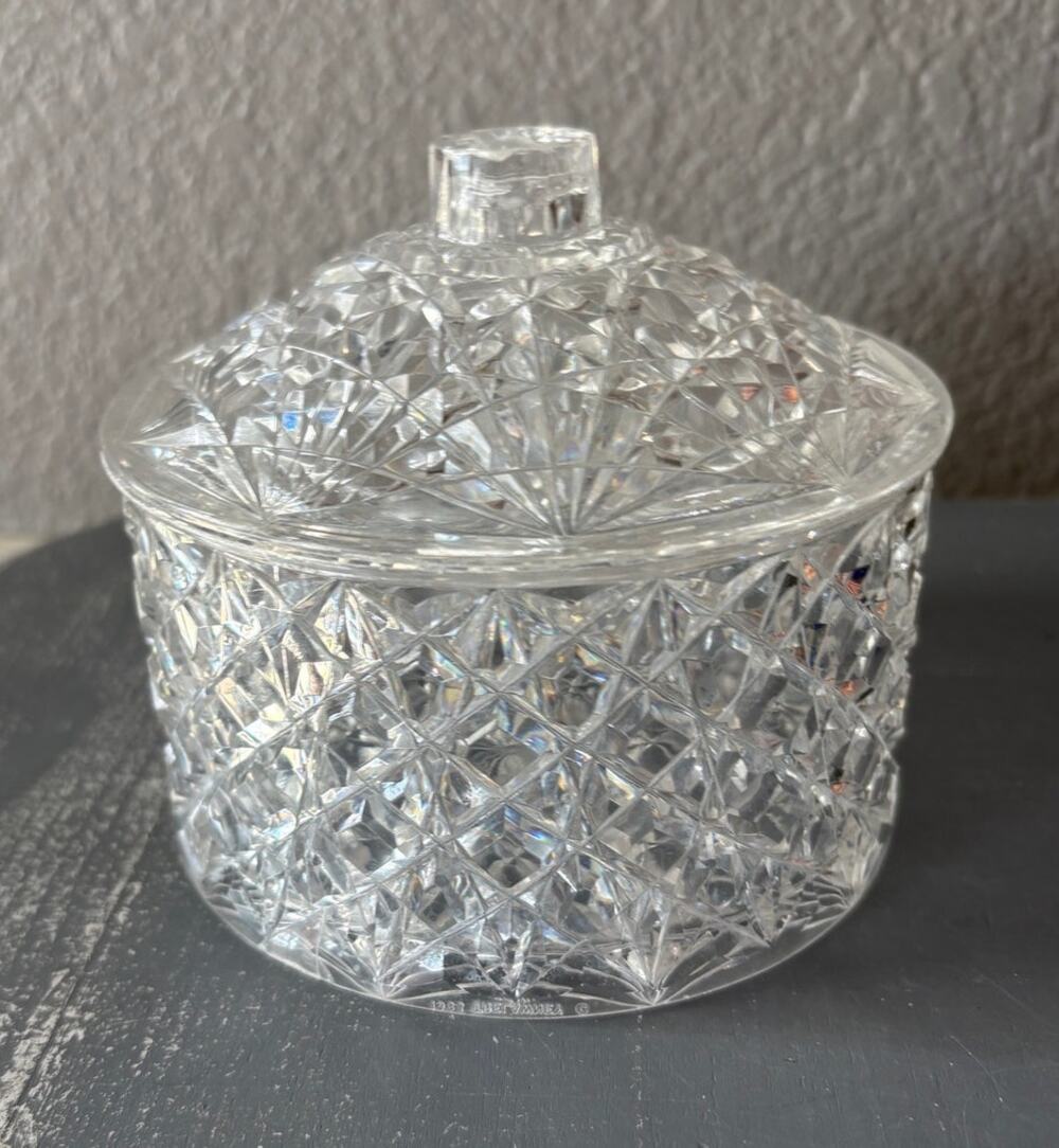 Vintage Clear Plastic Covered Candy Dish Trinket Box Starburst Diamond Pattern